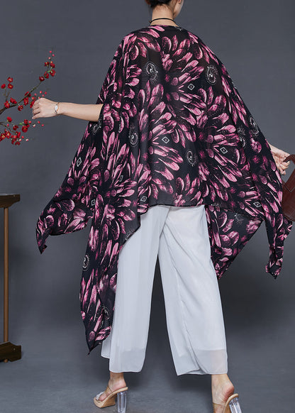 Red Print Chiffon Long Smock Asymmetrical Batwing Sleeve