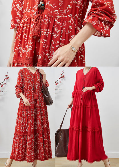 Red Print Cotton Dresses Cinched Exra Large Hem Fall