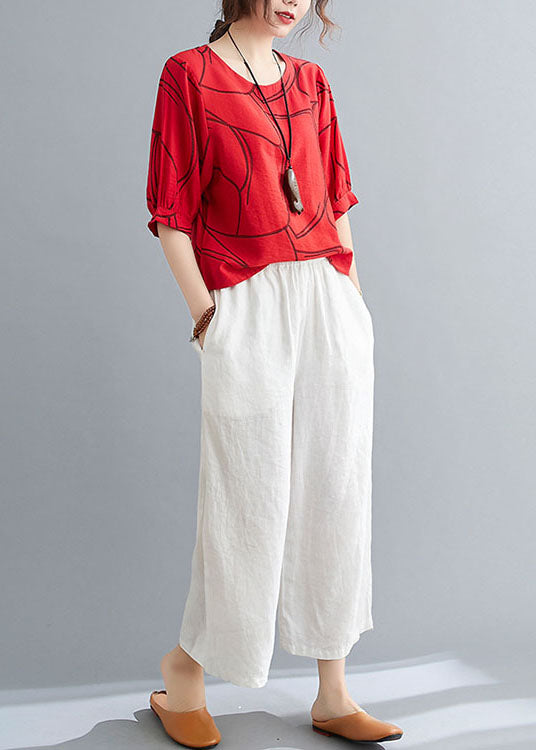 Red Print Cotton Tank Tops O-neck Oversized Lantern Sleeve