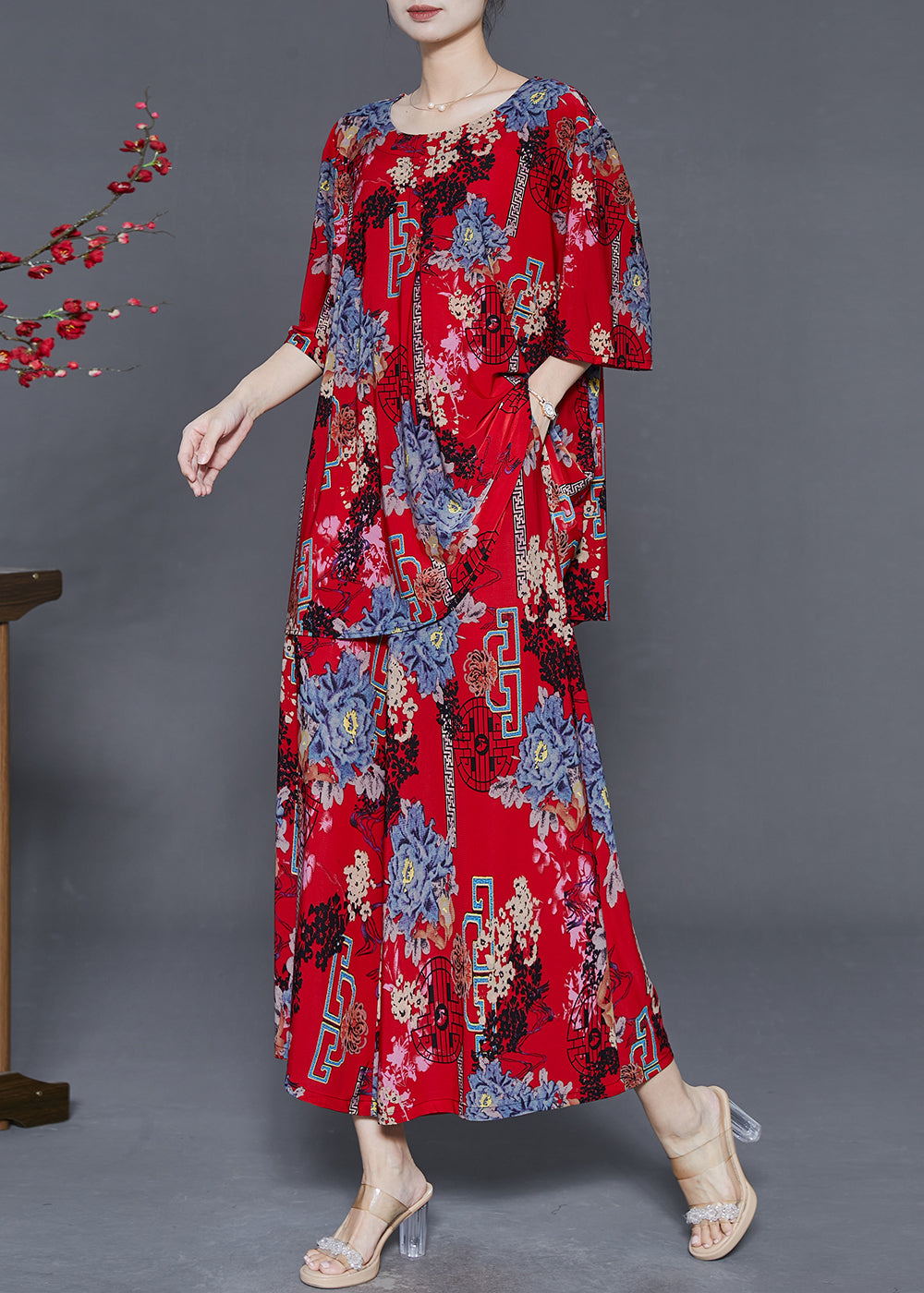 Red Print Cotton Sets 2 Pieces Oversized Summer