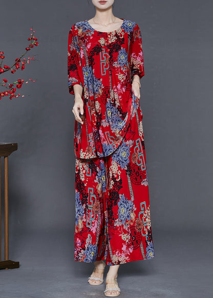 Red Print Cotton Sets 2 Pieces Oversized Summer