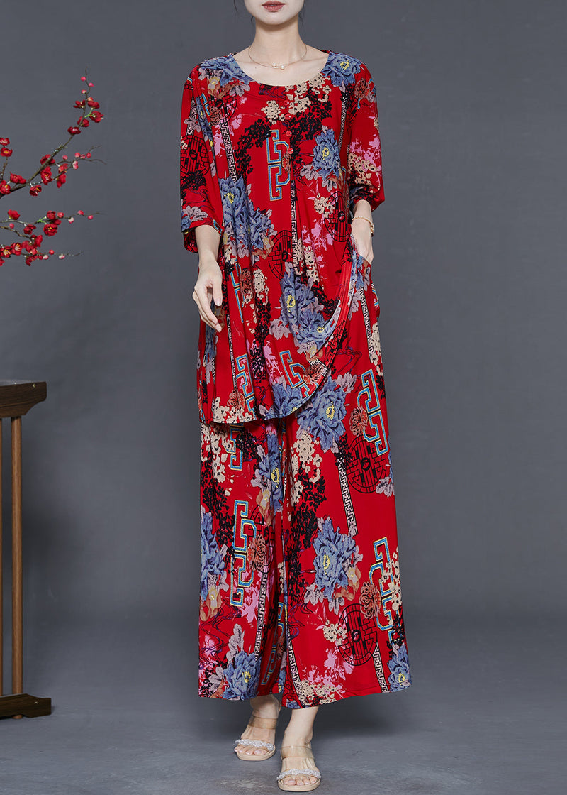 Red Print Cotton Sets 2 Pieces Oversized Summer