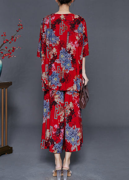 Red Print Cotton Sets 2 Pieces Oversized Summer