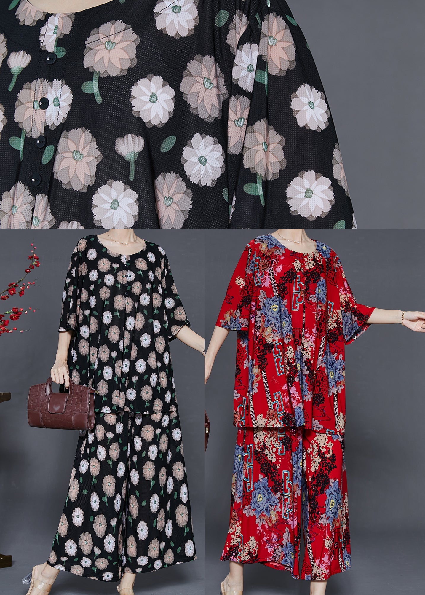 Red Print Cotton Sets 2 Pieces Oversized Summer