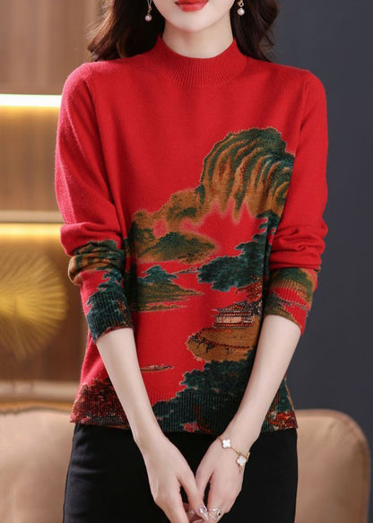 Red Print Cozy Wool Knit Tops O-neck Long Sleeve