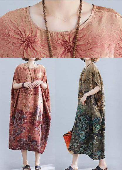 Red Print Draping Silk Loose Dresses O-neck Short Sleeve