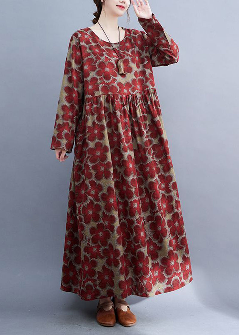 Red Print Linen Ankle Dress Oversized Exra Large Hem Spring