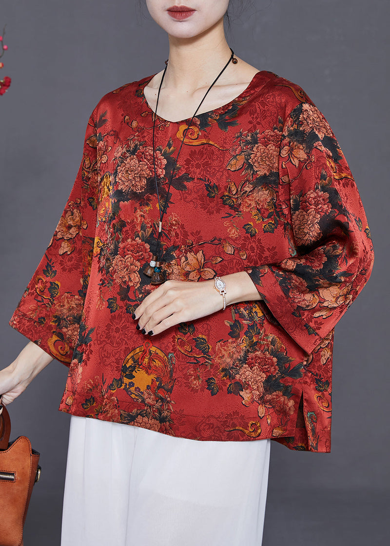 Red Print Loose Silk Shirt Top O-neck Summer