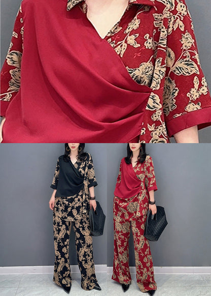 Red Print Patchwork Top and Wide Leg Pants Two Pieces Set Long Sleeve