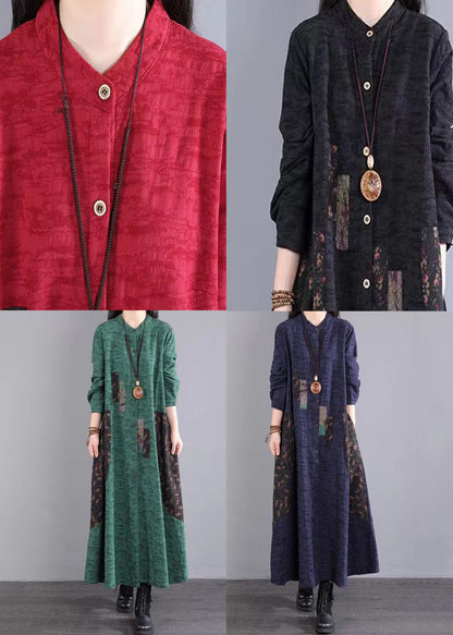 Red Print Pockets Patchwork Cotton Long Dress Button Fall