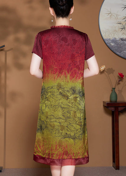 Red Print Pockets Silk Dress O-neck Short Sleeve