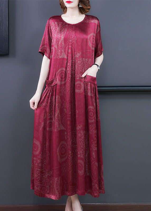 Green-flower Print Silk Long Dress Oversized Pockets Wrinkled Summer