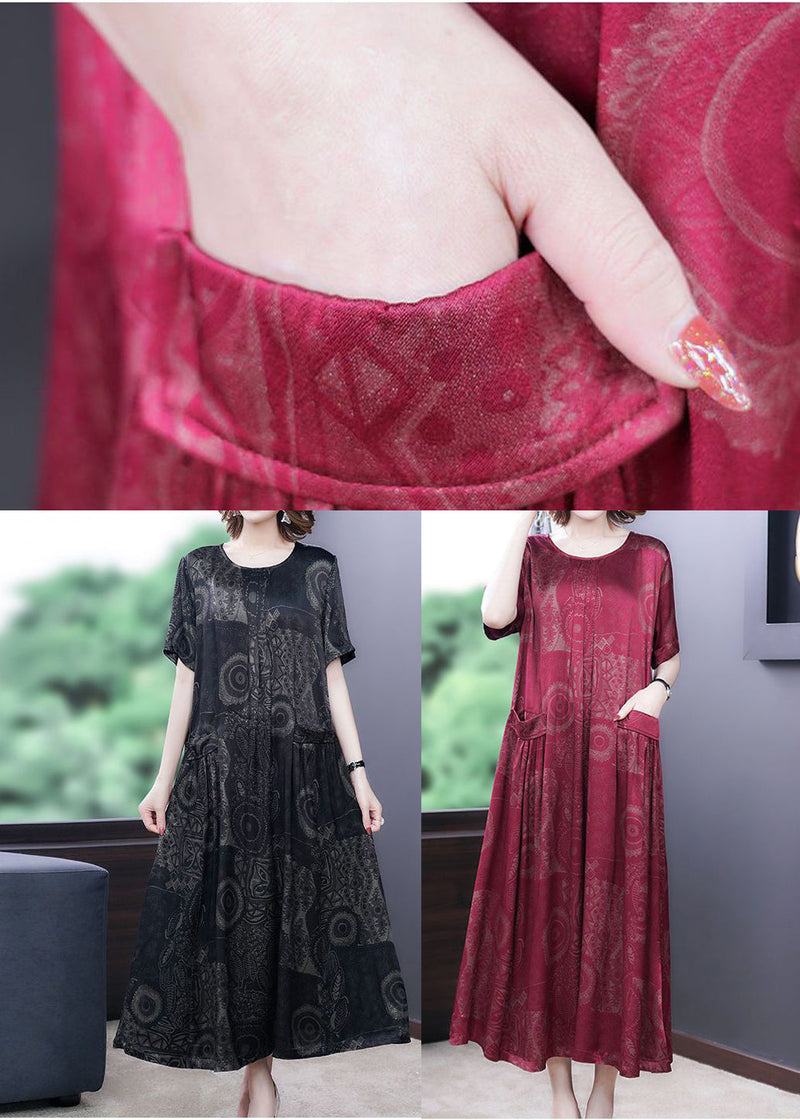 Yellow-cashew Print Silk Long Dress Oversized Pockets Wrinkled Summer