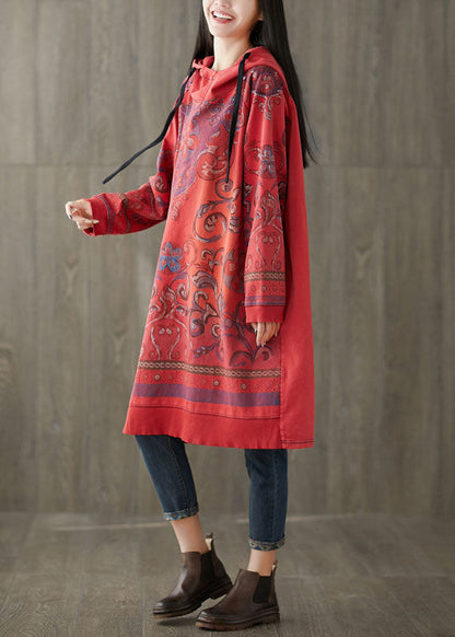 Red Print Sweatshirt Dresses Drawstring Spring