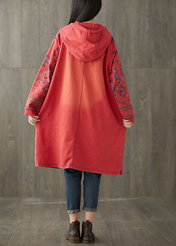 Red Print Sweatshirt Dresses Drawstring Spring