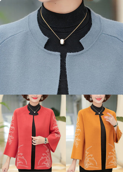 Red Print Woolen Cardigans O-neck Oversized Nail Bead Long Sleeve
