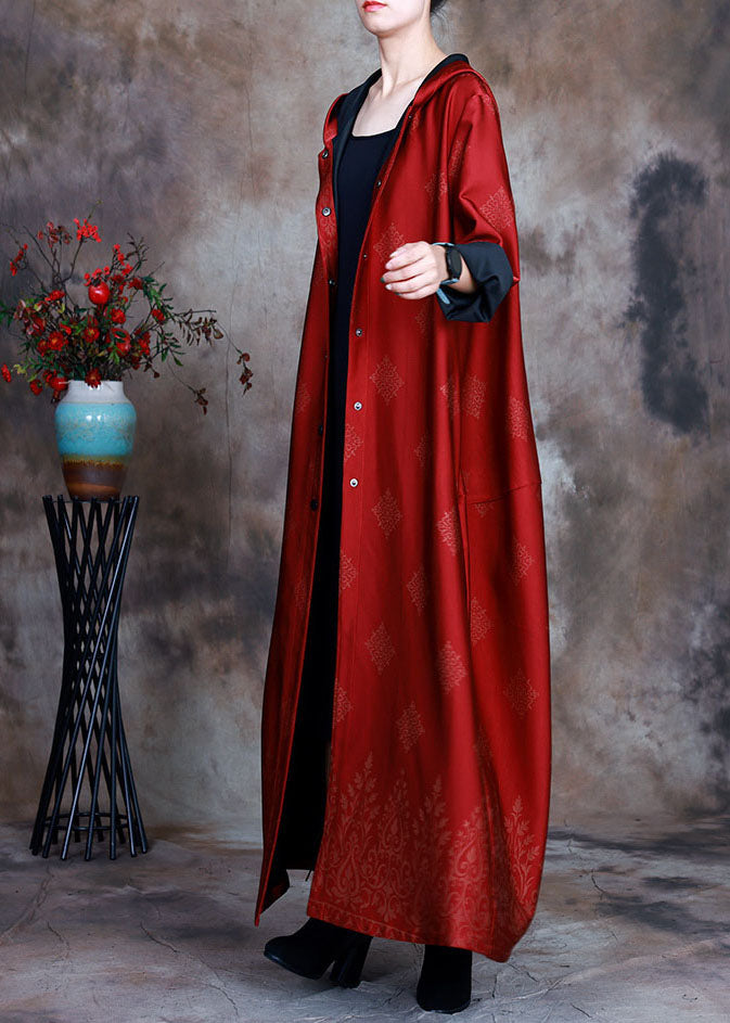 Red Satin Trench Coats Asymmetrical Design Button Spring