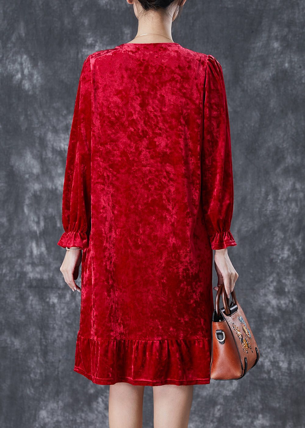 Red Silk Velour Holiday Dress Square Collar Embroidered Fall