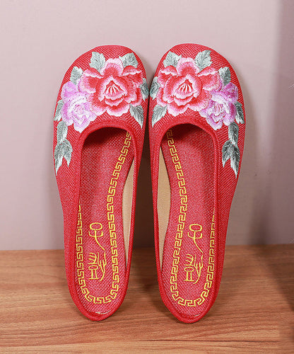Red Slide Sandals Embroideried Linen Fabric Slides for