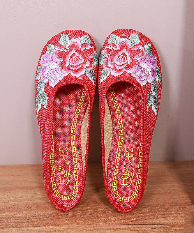 Red Slide Sandals Embroideried Linen Fabric Slides for