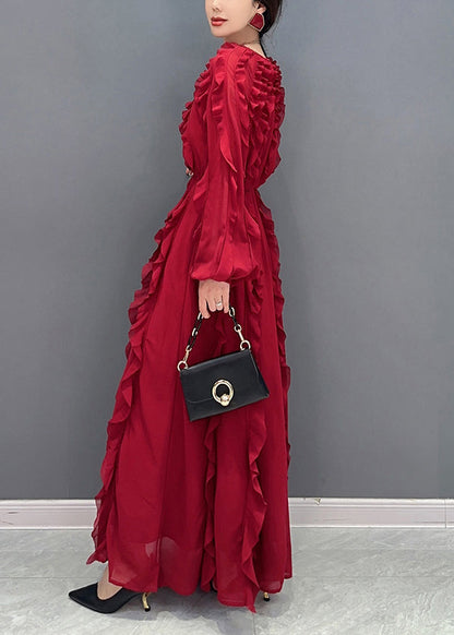 Red Slim Fit Chiffon Long Dresses O-neck Ruffles Spring