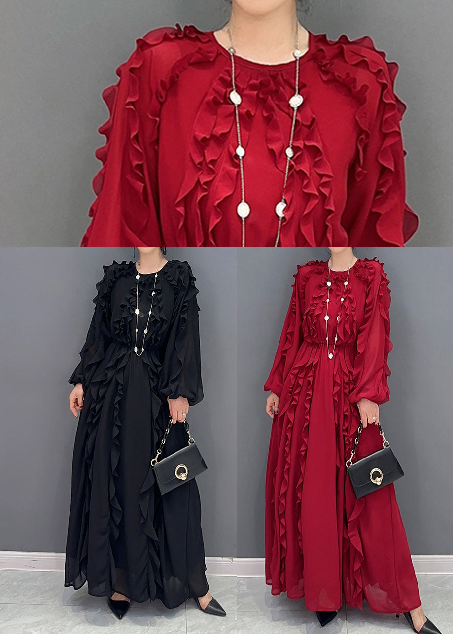 Red Slim Fit Chiffon Long Dresses O-neck Ruffles Spring