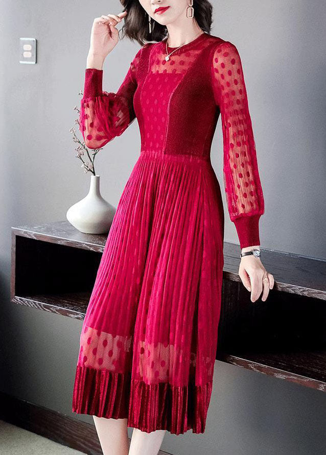 Red Slim Fit Tulle Pleated Dresses O-neck Exra Large Hem Spring