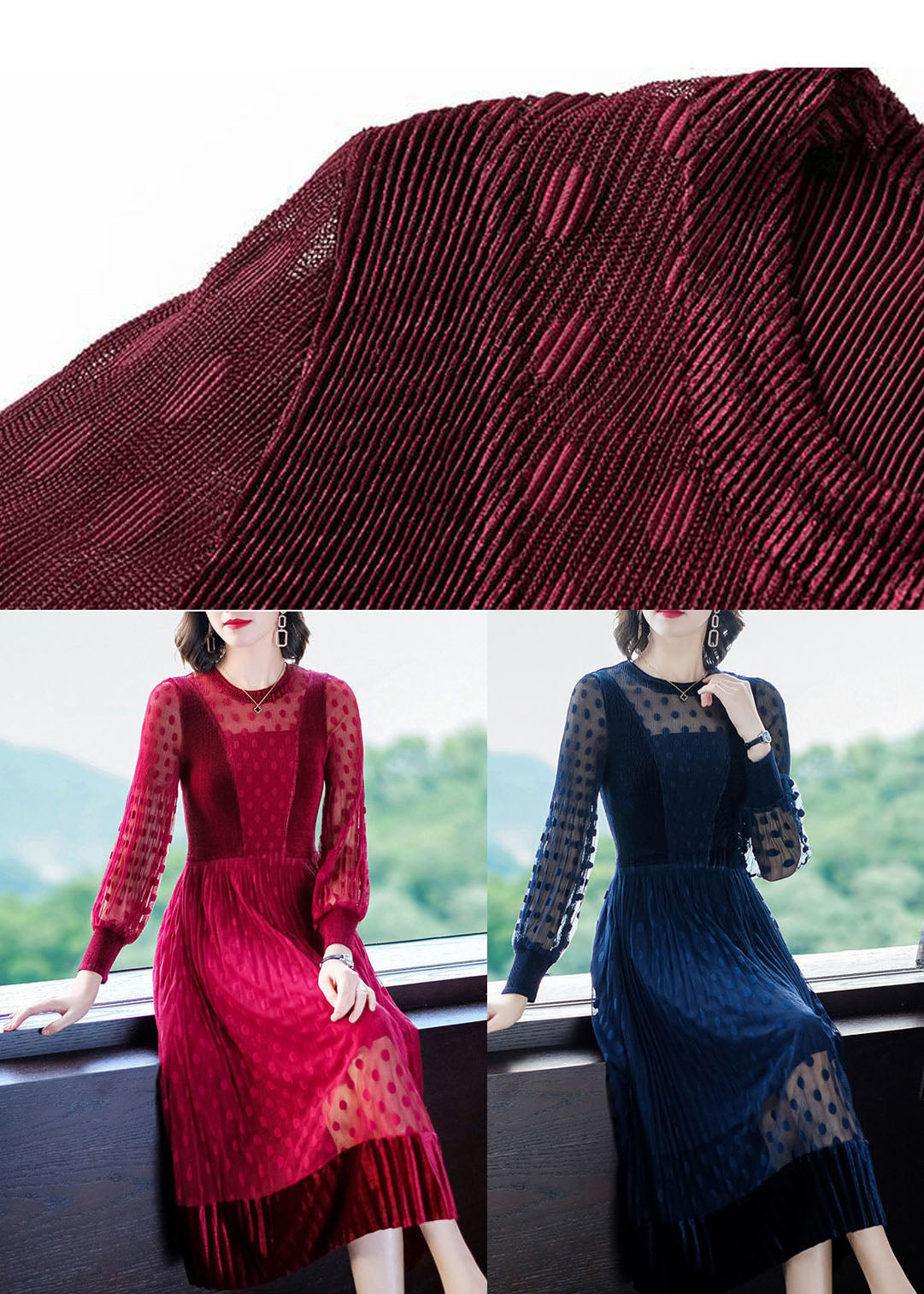 Red Slim Fit Tulle Pleated Dresses O-neck Exra Large Hem Spring