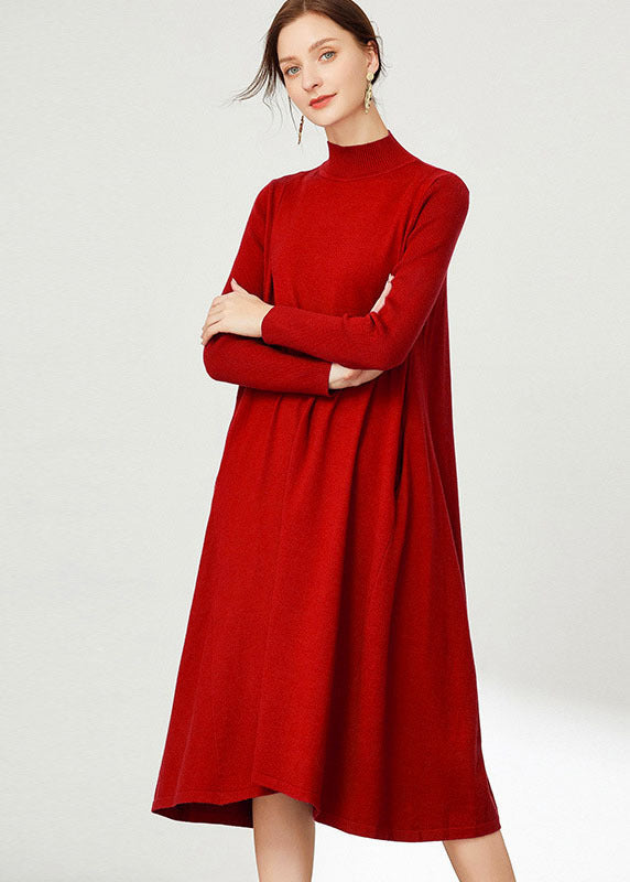 Red Knit Long Sweater Stand Collar Oversized Long Sleeve