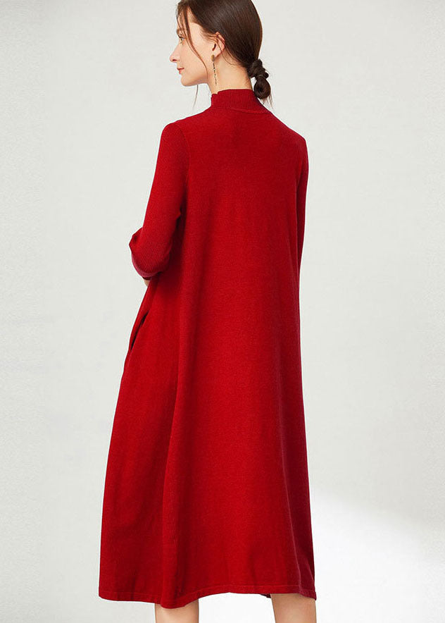 Red Knit Long Sweater Stand Collar Oversized Long Sleeve