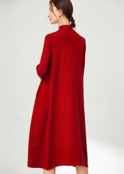 Red Knit Long Sweater Stand Collar Oversized Long Sleeve