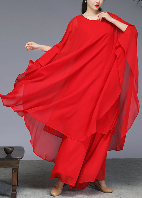 Red Maxi Dress and Wide Leg Pants Two Piece Set Batwin Sleeve