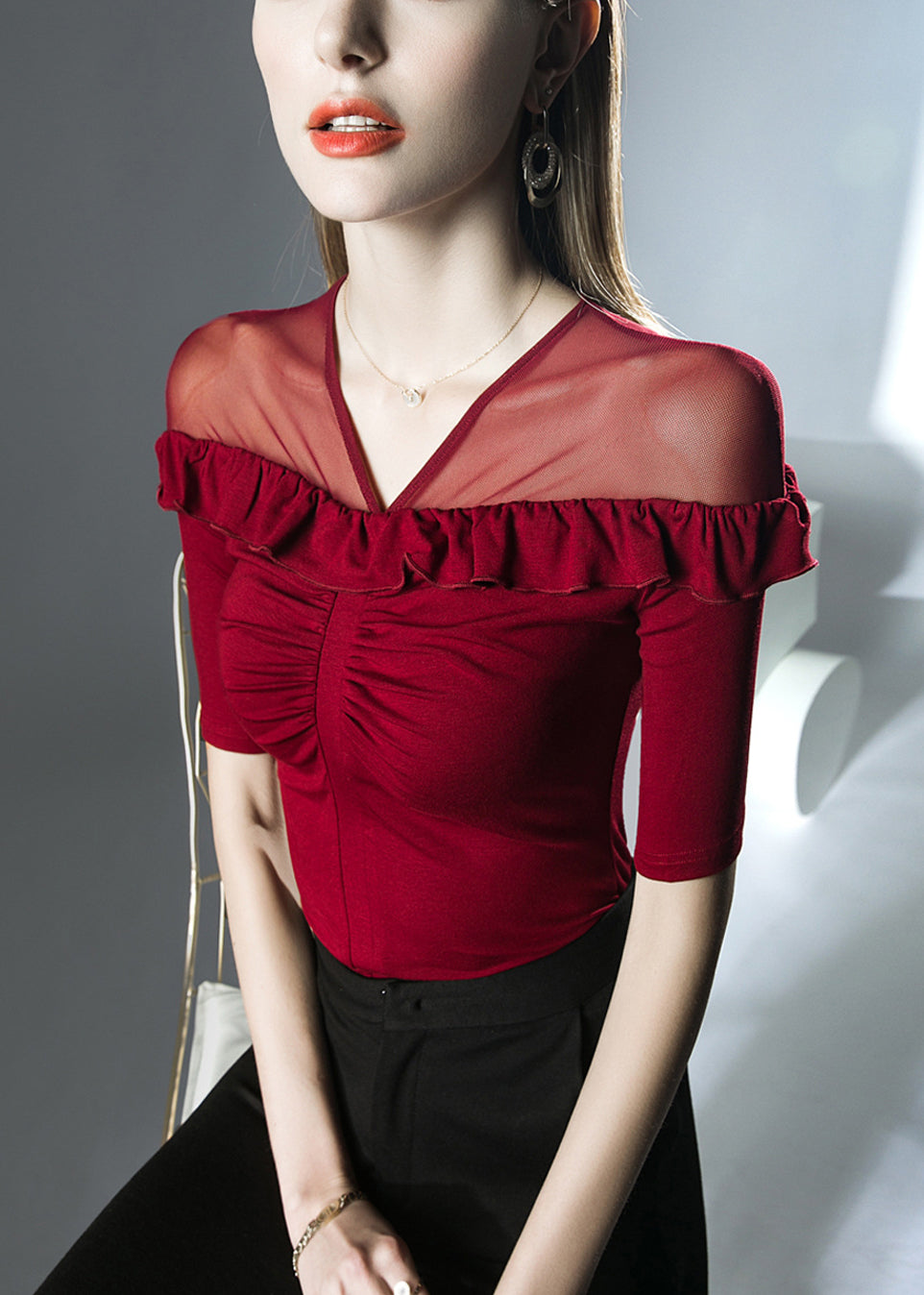 Red Patchwork Cotton T Shirts V Neck Summer