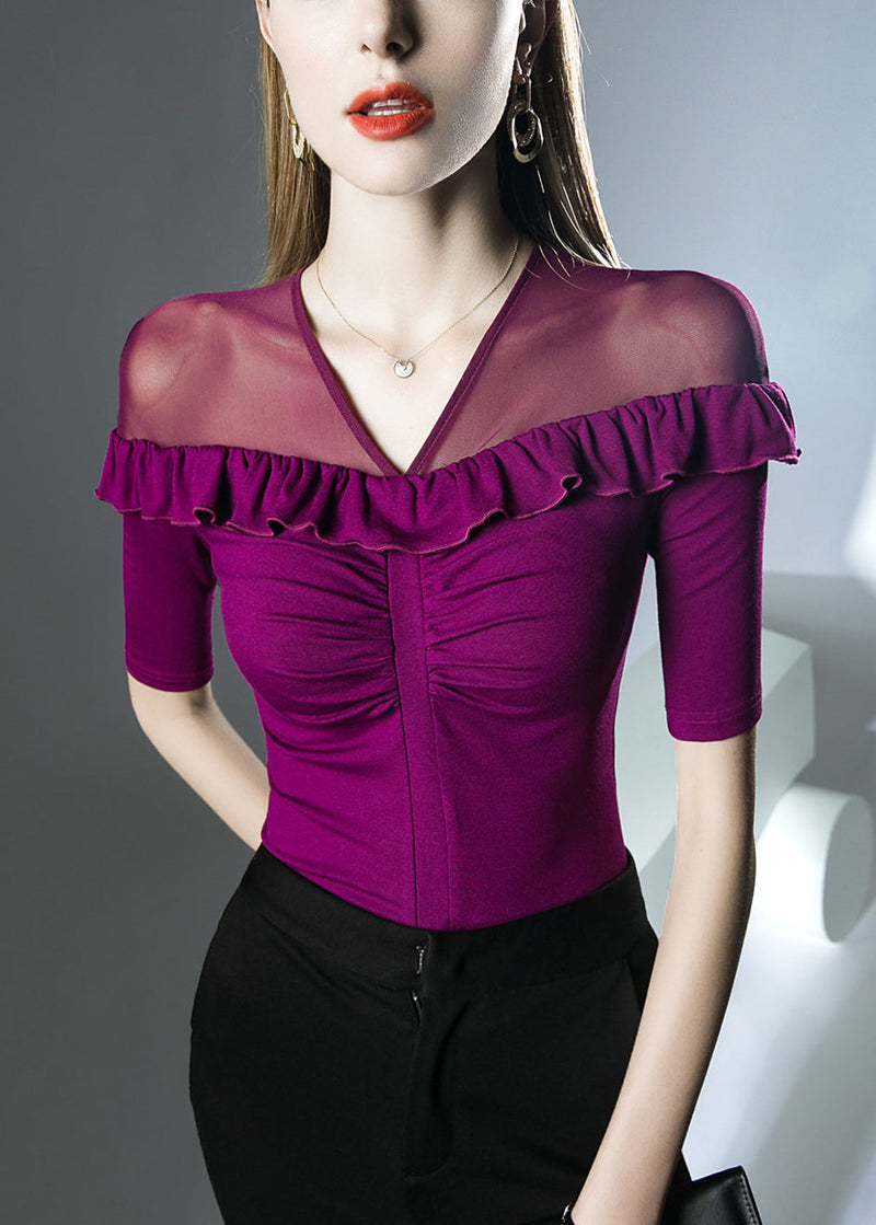 Red Patchwork Cotton T Shirts V Neck Summer