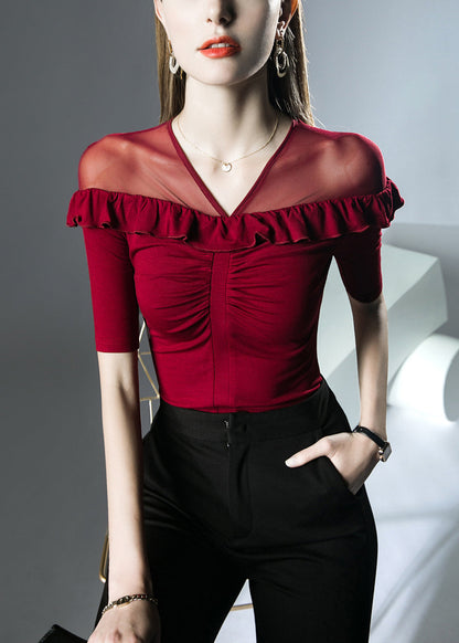 Red Patchwork Cotton T Shirts V Neck Summer