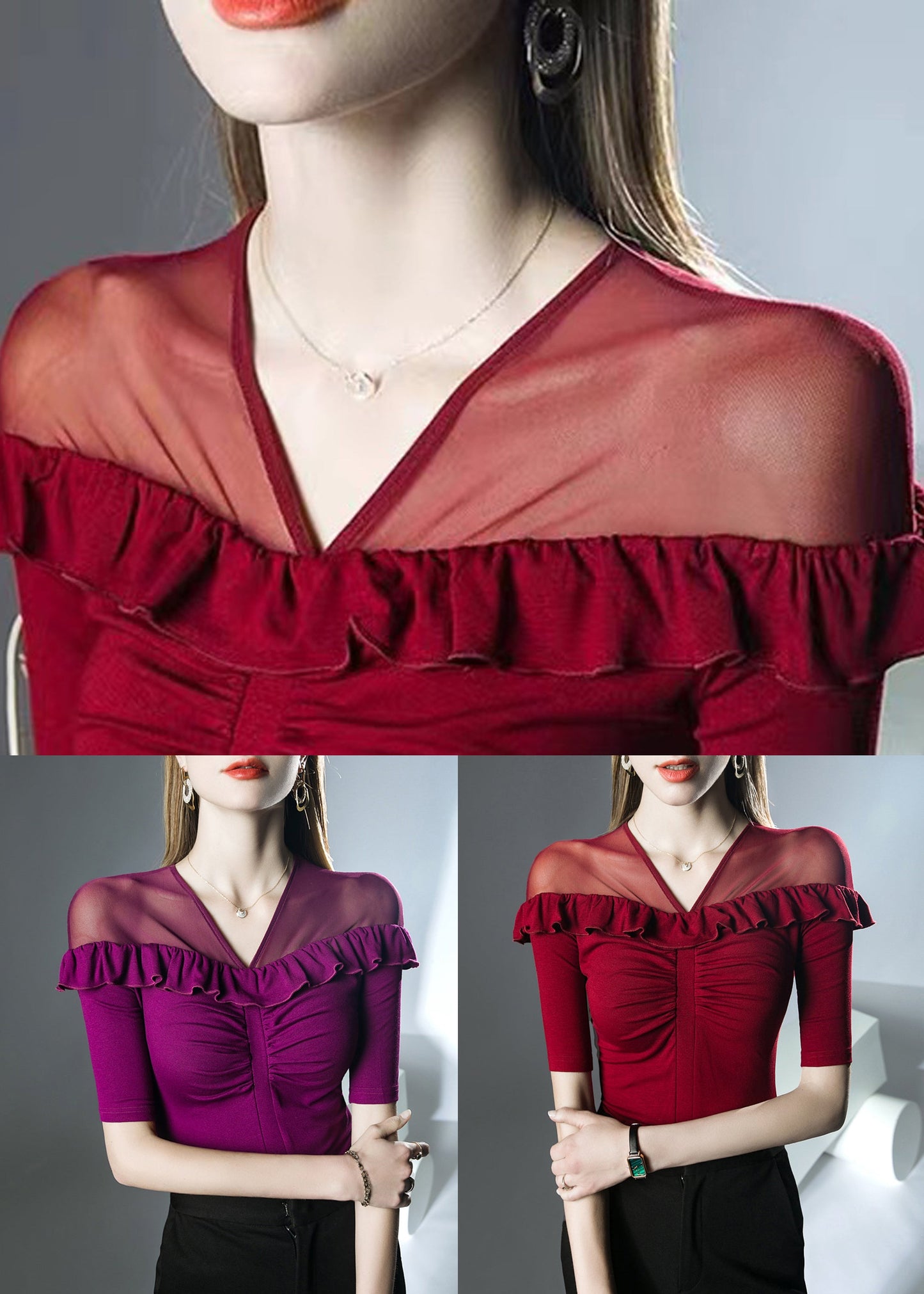 Red Patchwork Cotton T Shirts V Neck Summer