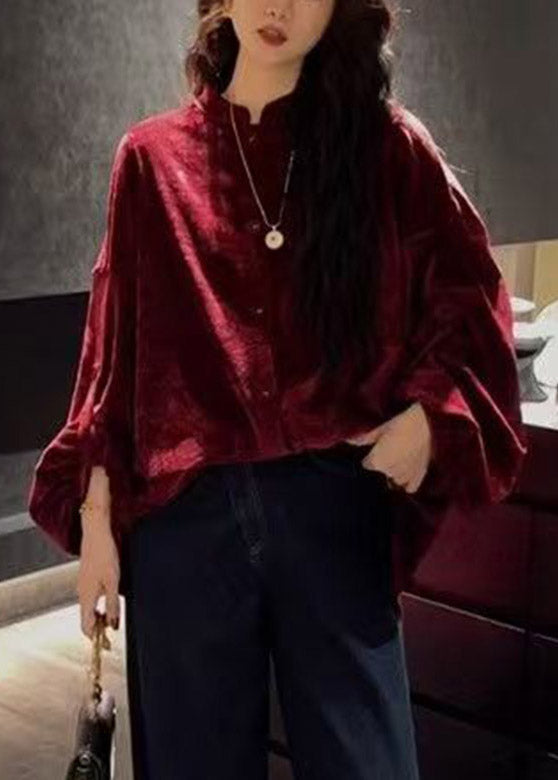 Red Stand Collar Solid Shirt Long Sleeve