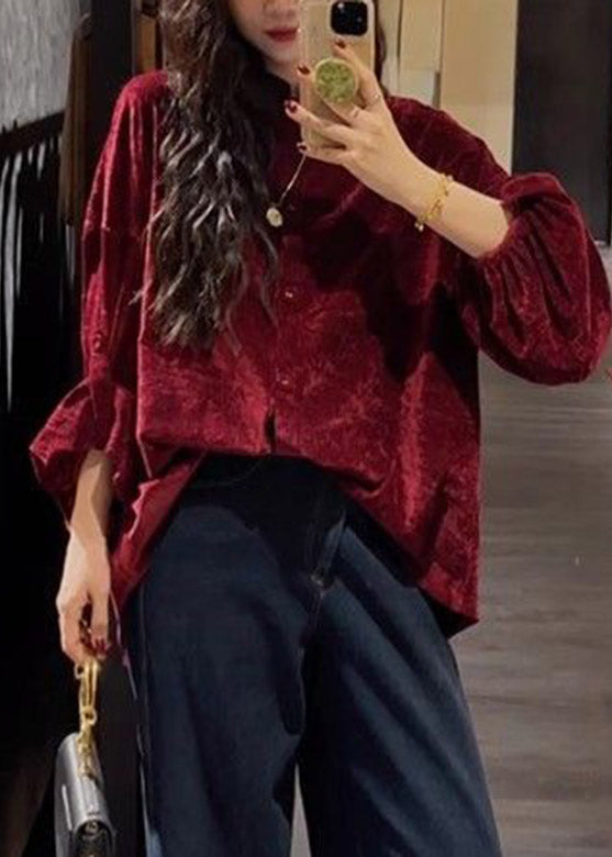 Red Stand Collar Solid Shirt Long Sleeve