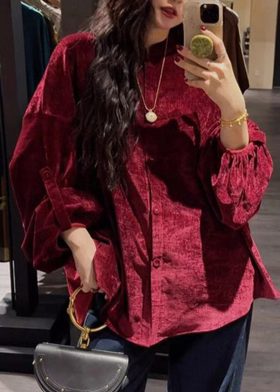 Red Stand Collar Shirt Long Sleeve