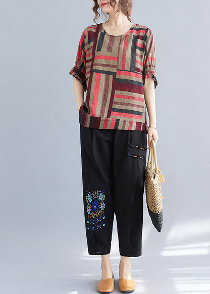 Red Striped Linen Blouses Oversized O-neck Summer