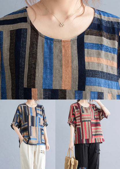 Red Striped Linen Blouses Oversized O-neck Summer
