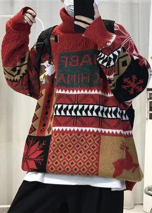 Red Thick Patchwork Knit Sweaters Turtleneck