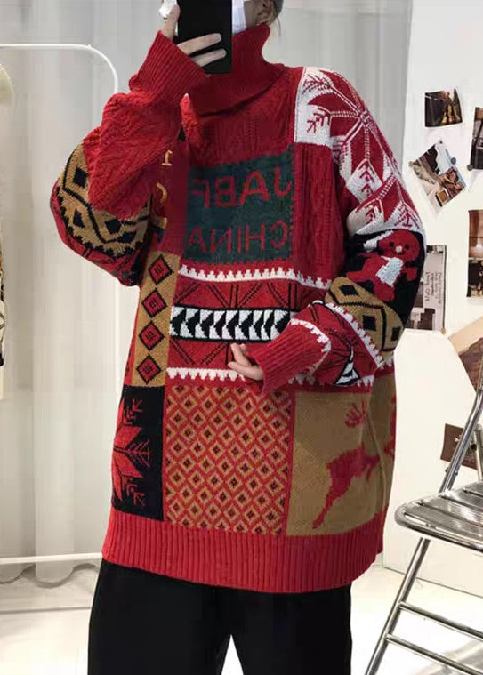 Red Thick Patchwork Knit Sweaters Turtleneck