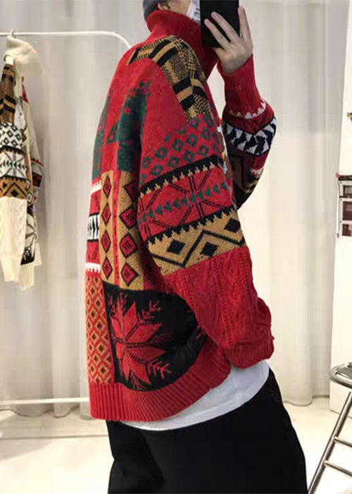 Red Thick Patchwork Knit Sweaters Turtleneck