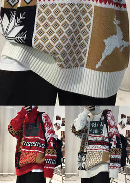 Red Thick Patchwork Knit Sweaters Turtleneck