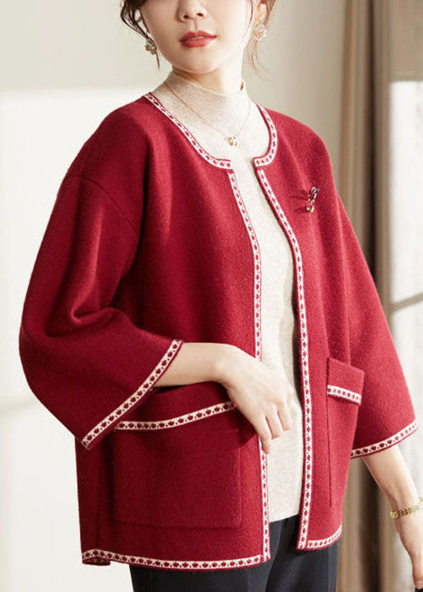 Red Thick Woolen Loose Cardigans O-neck Bracelet Sleeve