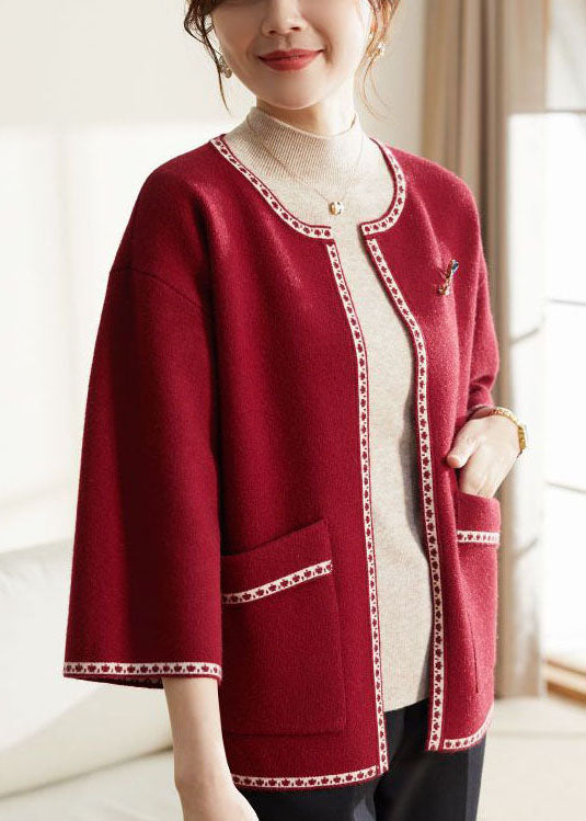 Red Thick Woolen Loose Cardigans O-neck Bracelet Sleeve
