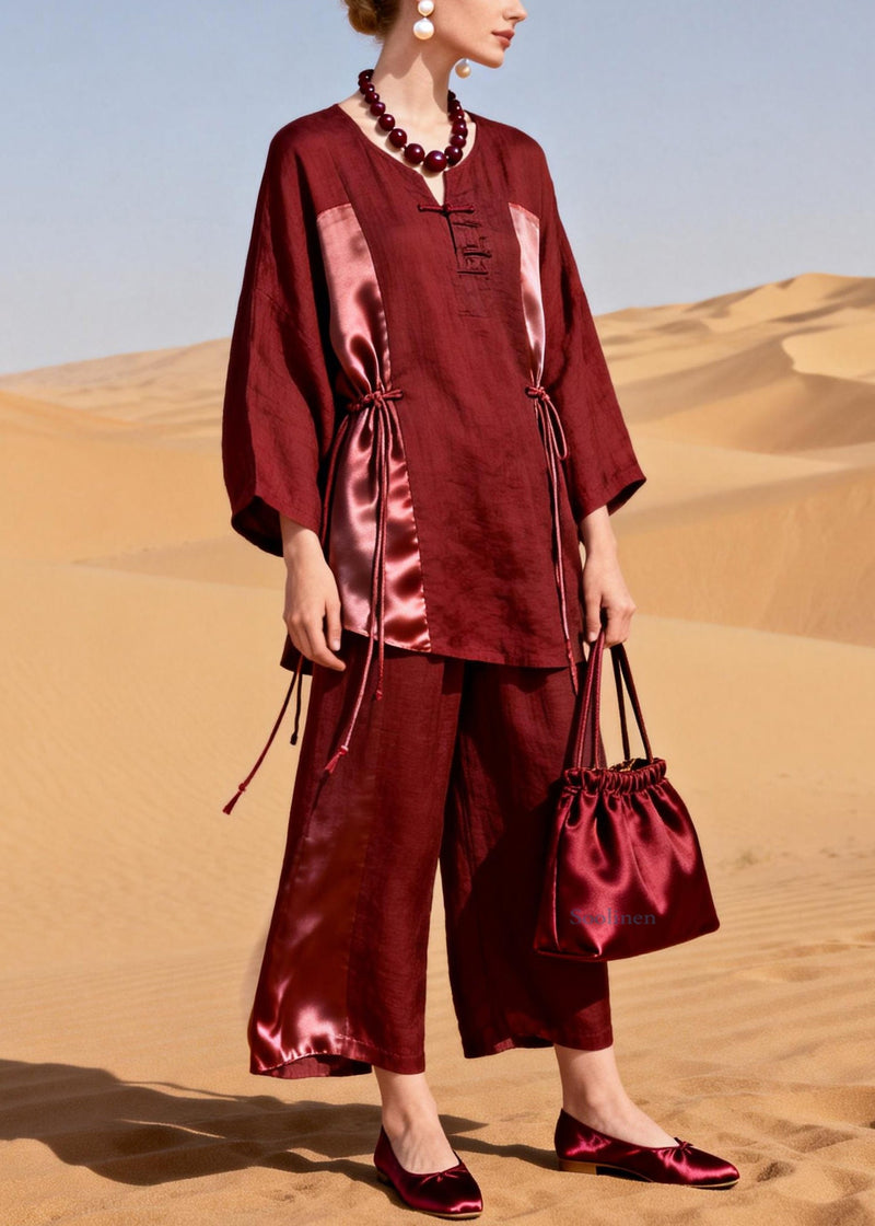 Red Tops and Crop Pants Patchwork Silk Linen Two Pieces Set Drawstring Spring