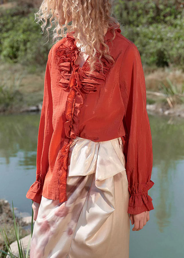 Red V Neck Butto Tops Spring