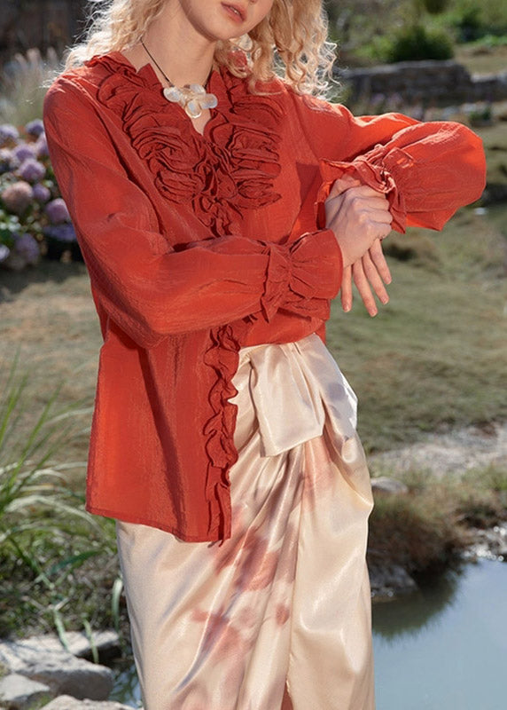 Red V Neck Butto Solid Tops Spring